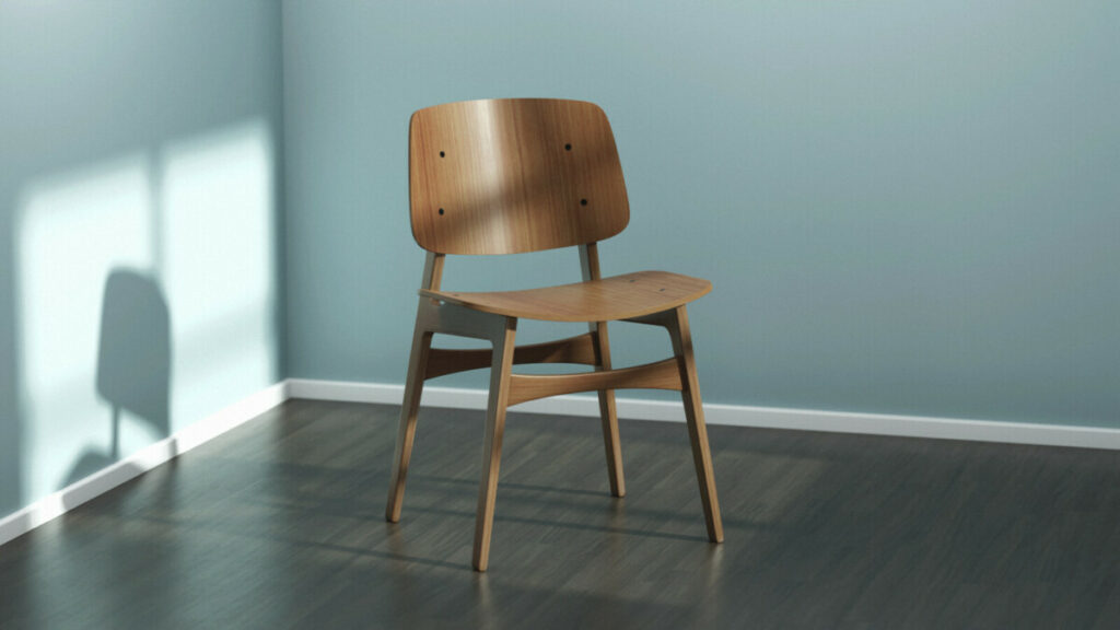 a 3d rendering of a soborg chair, lit by a window in a sparse room