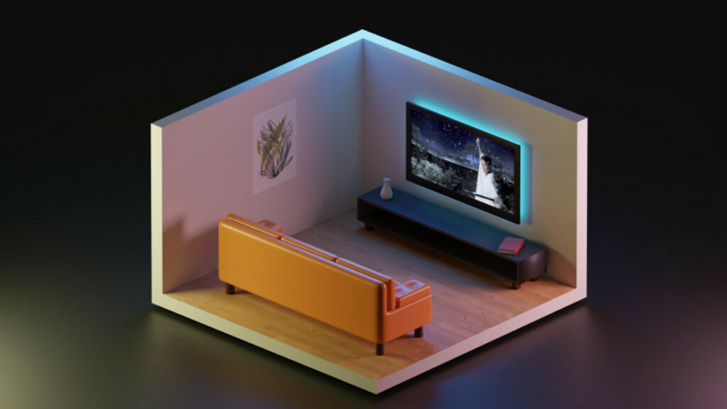 a 3d rendering of a small living room with a tv and a couch, from an isometric angle