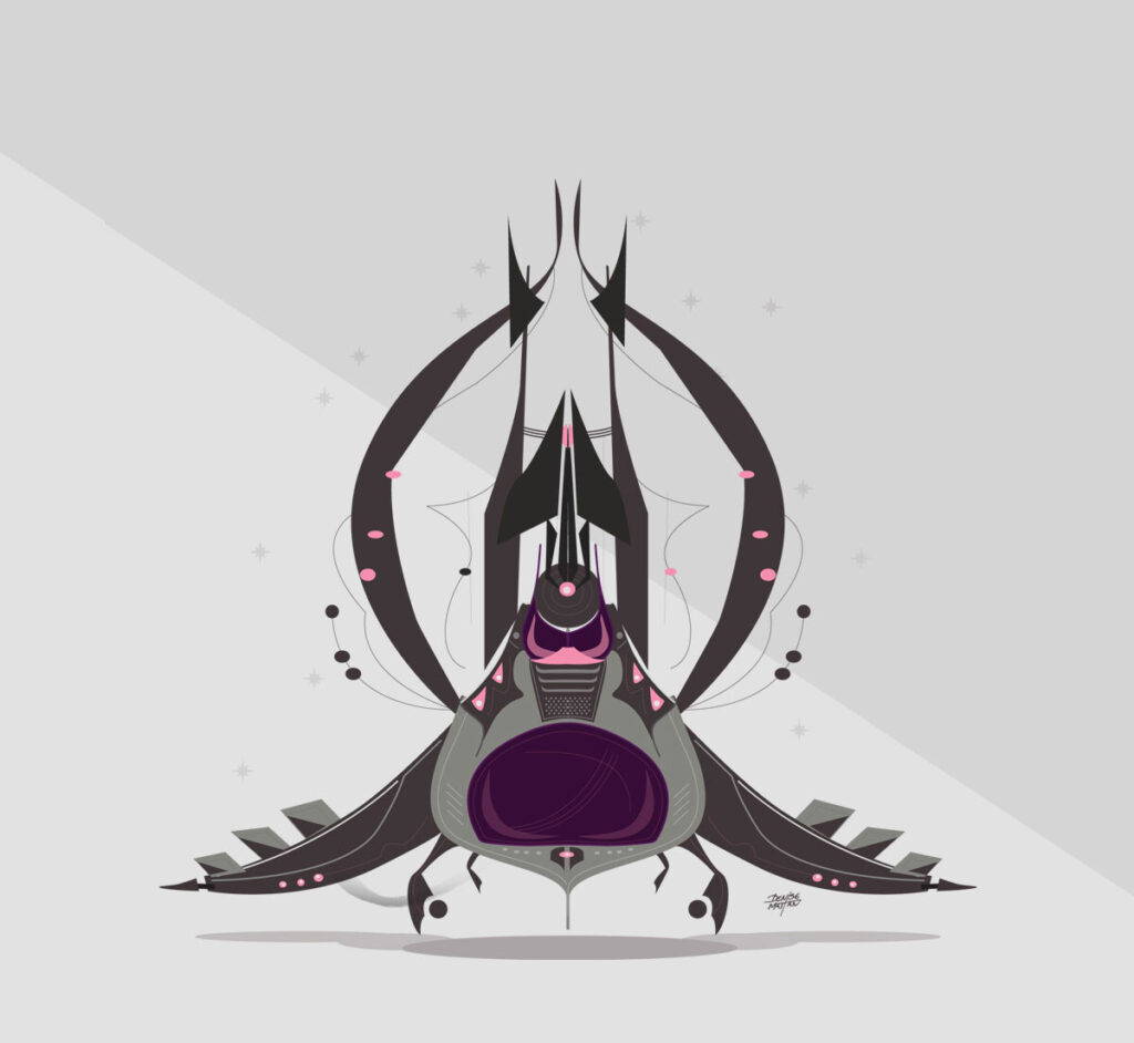 an illustration of a graphically simplified spaceship, reminiscent of a grey and purple duck